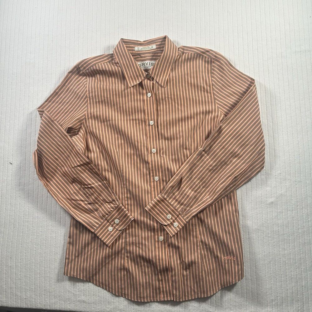 Orvis Womens 10 Shirt Wrinkle Free Orange Striped Long Sleeve Button Down Cotton